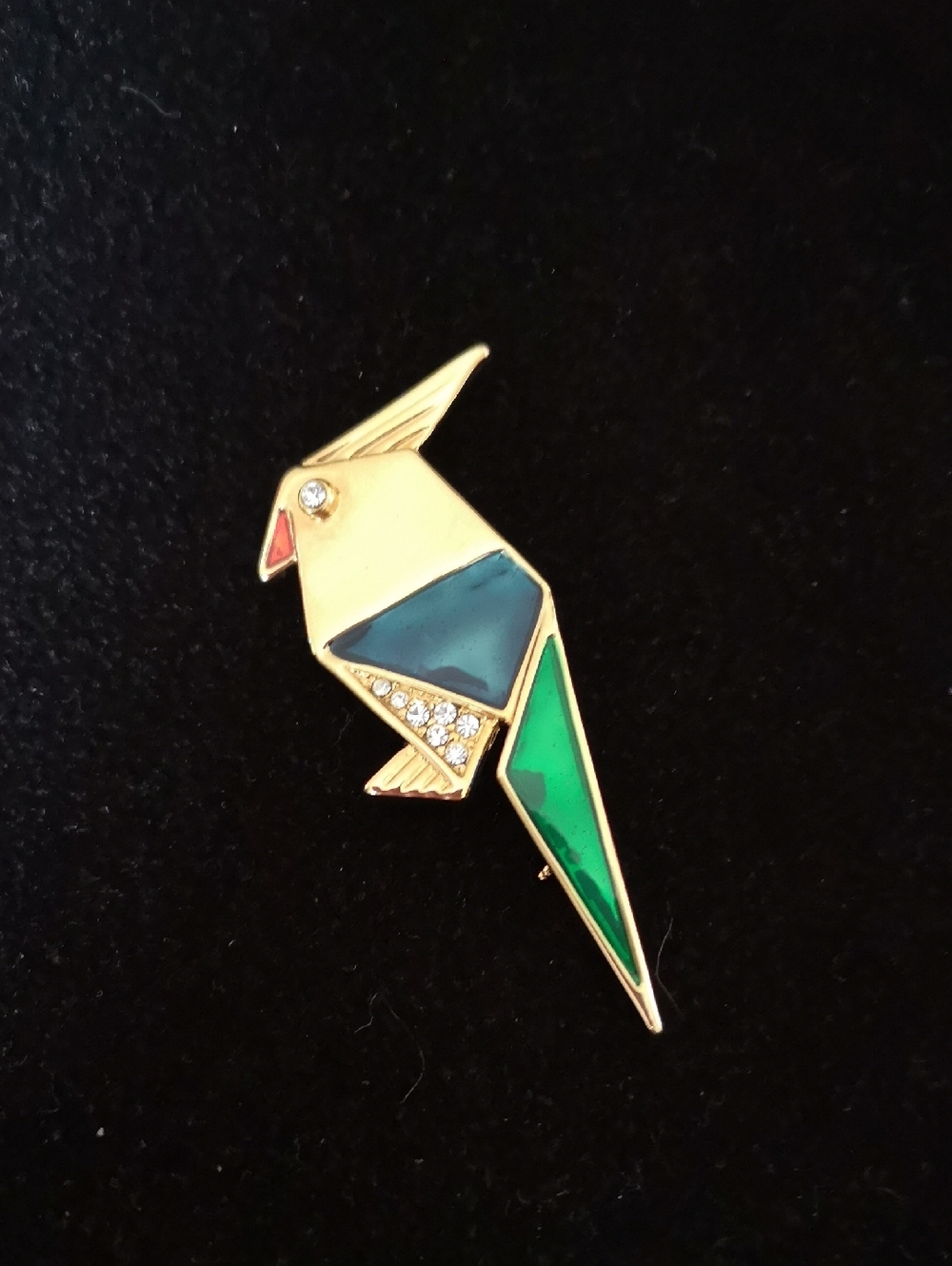 Unique & Fun Estate Jewelry Parrot Gold-tone Enamel Brooch Geometric Rhinestones